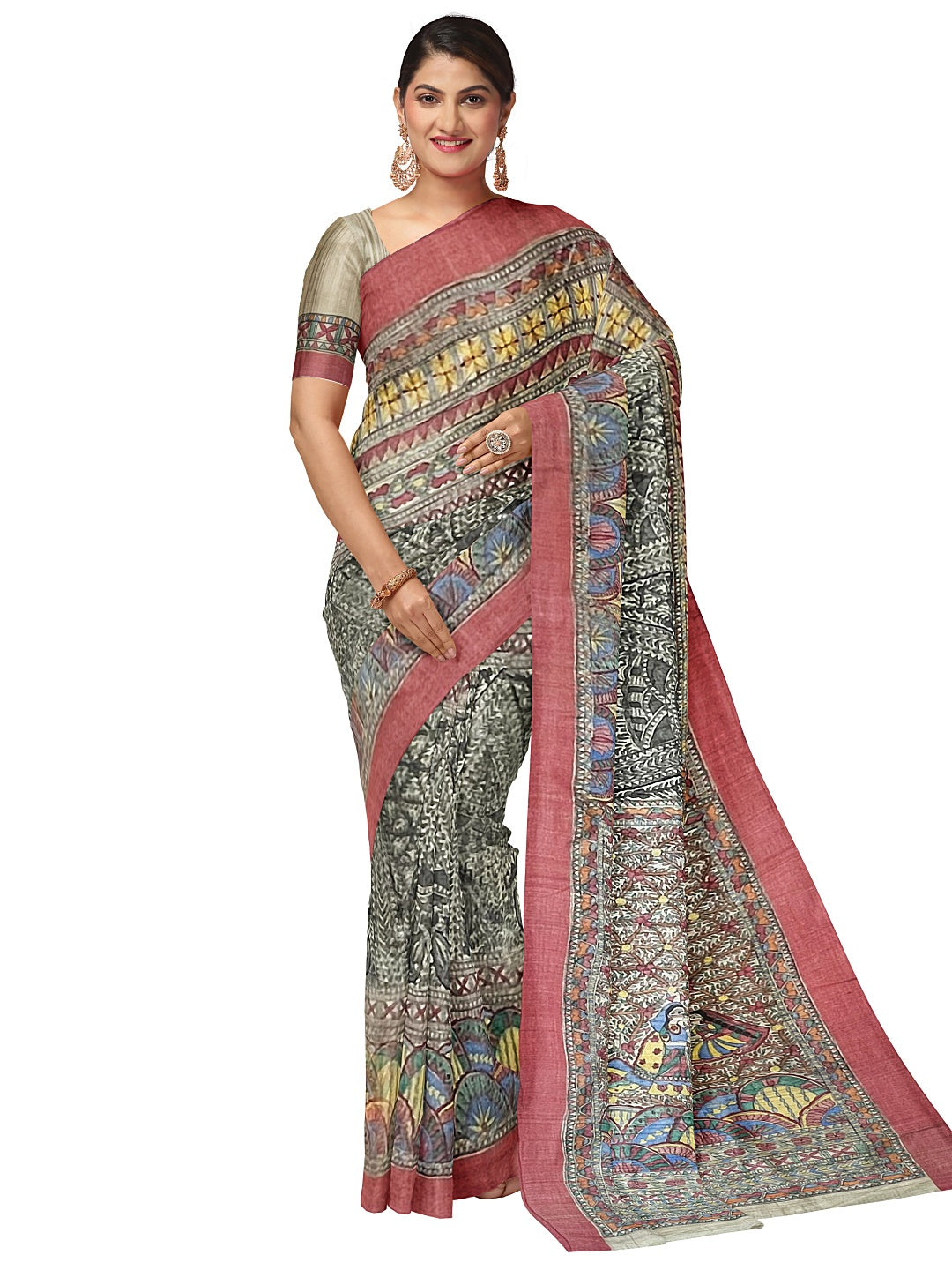 Hand-Woven Hand-Painted Madhubani Saree on Desi Tussar Silk- A Heritage Classic